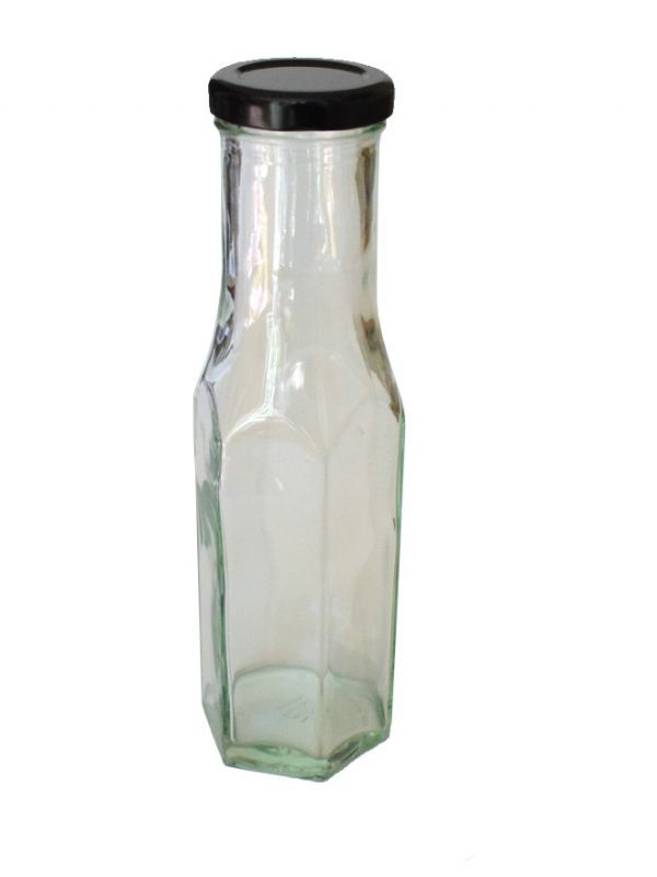 Hexagonal Sauce Glass Bottle 250ml (x100) with Black Lids Sauce