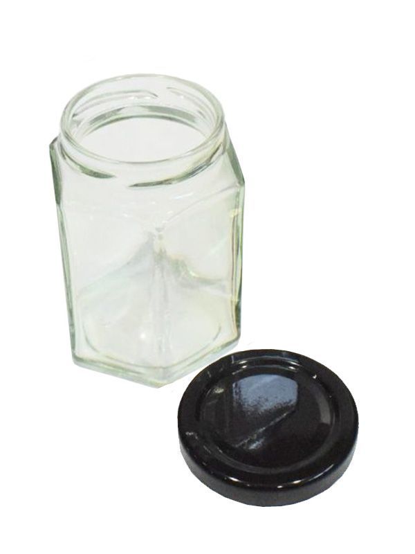 Jam Jars Hexagonal Glass 190ml (x16) Black Lids 1