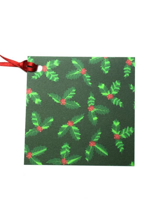Gift Tags Christmas Holly with Ribbon x10