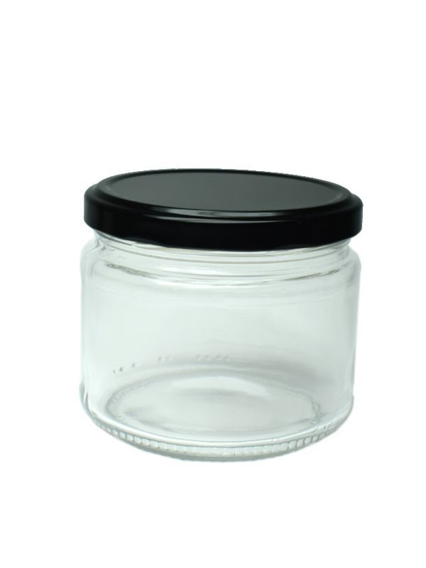 Jam Jars Round Glass Dip 300ml (x144) with Black Button Lids