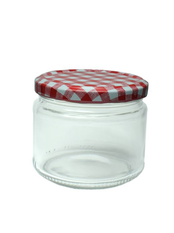 Jam Jars Round Glass Dip 300ml (x18) with Red Gingham Lids