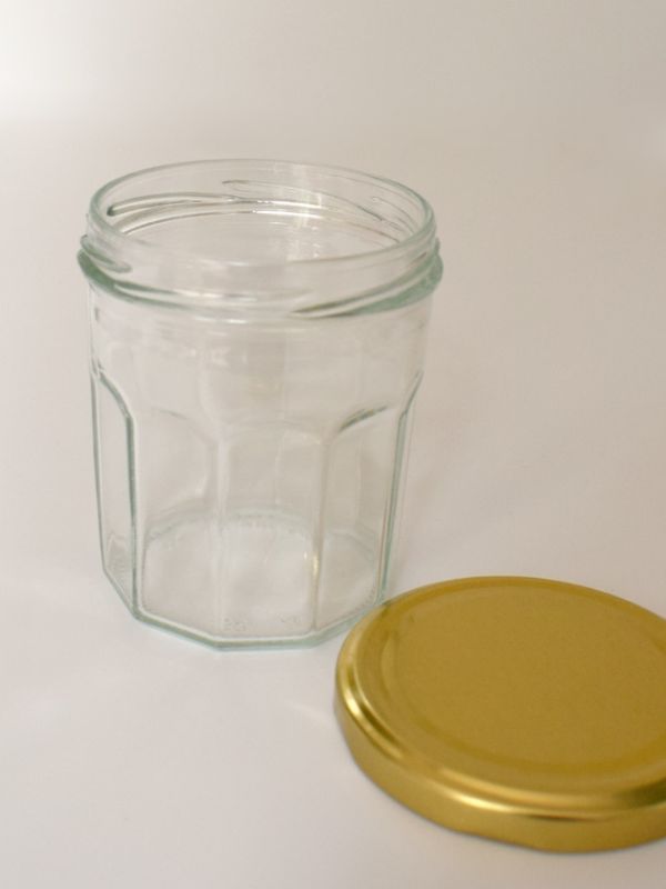 Jam Jars Facetted Glass 324ml (x144) Gold Lids 1