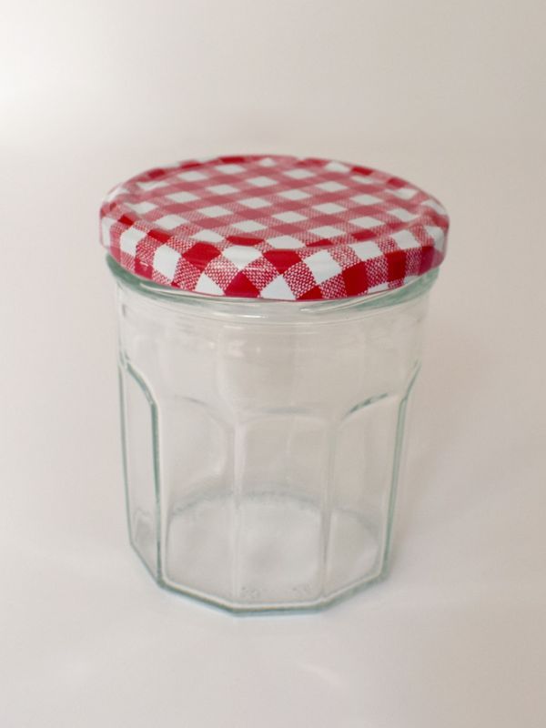 Jam Jars Facetted Glass 324ml (x144) Red Gingham Lids 2