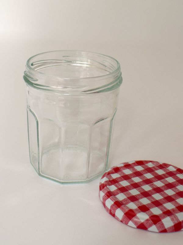 Jam Jars Facetted Glass 324ml (x72) Red Gingham Lids 1
