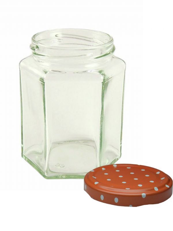 Jam Jars Hexagonal Glass 280ml x32 Marmalade Spot Lids