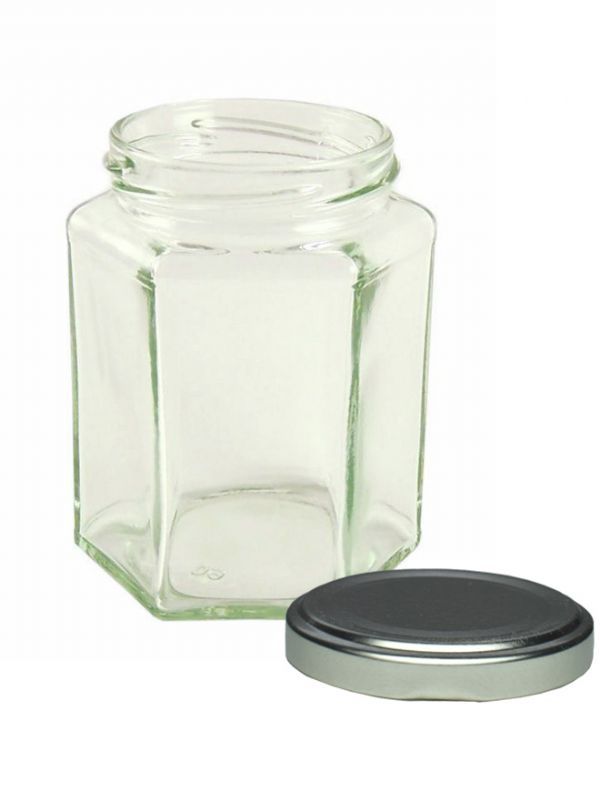 Jam Jars Hexagonal Glass 280ml x32 Silver Lids