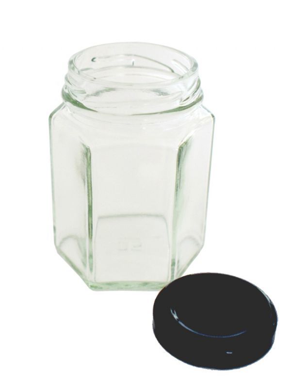 Jam Jars Hexagonal Glass 110ml (x50) Black Lids