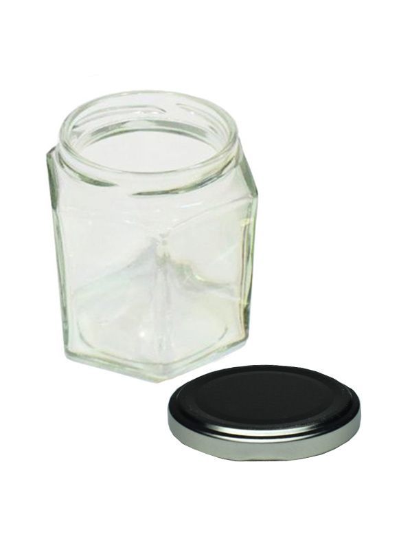 Jam Jars Hexagonal Glass 190ml (x256) Silver Lids