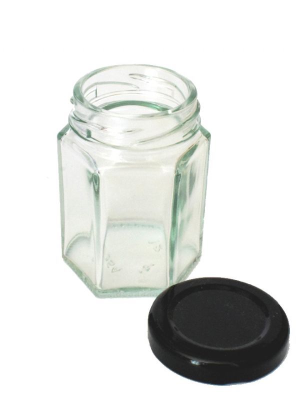 Jam Jars Hexagonal Glass 55ml (x50) Black Lids 1