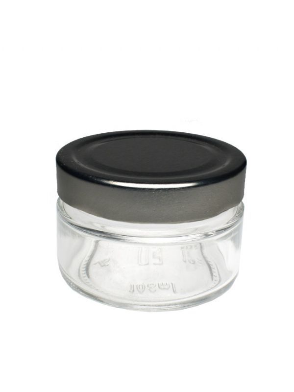 Jar Round Glass Perfecto 106ml (x16) with Silver Deep Lids 1