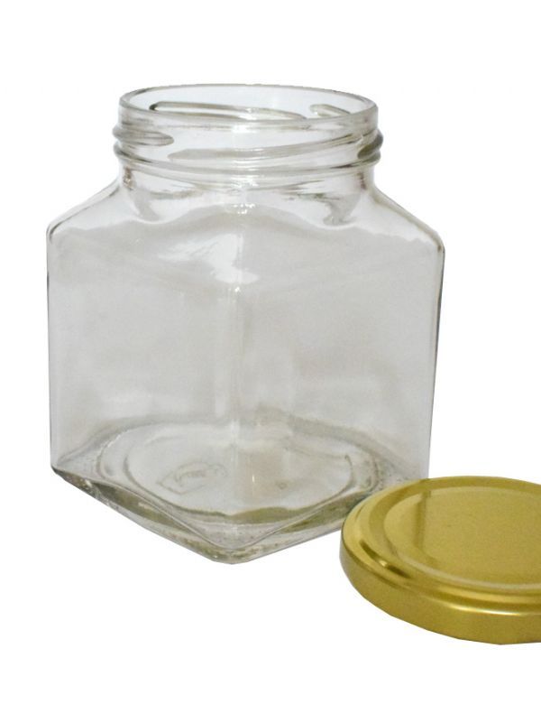 Jam Jars Square Glass 314ml (x128) with Gold Button Lids 1
