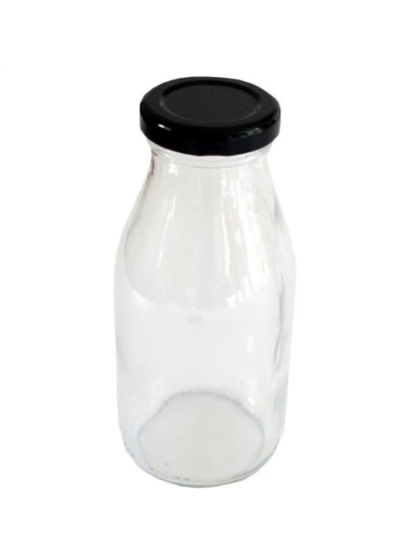 Milk Bottle Glass 250ml (x858) with Black Lids