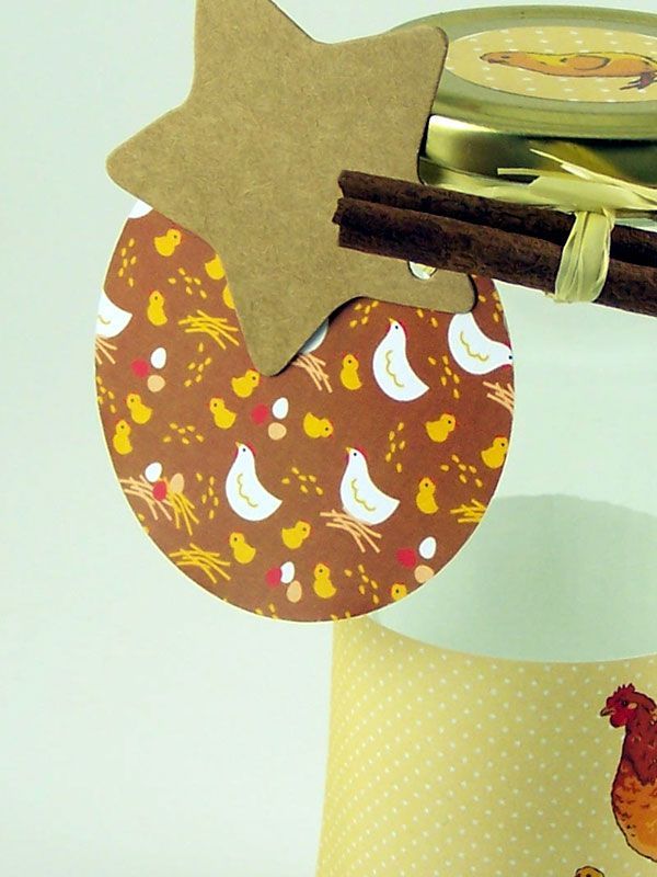Round Tags  with Ribbon Brown Hens x5
